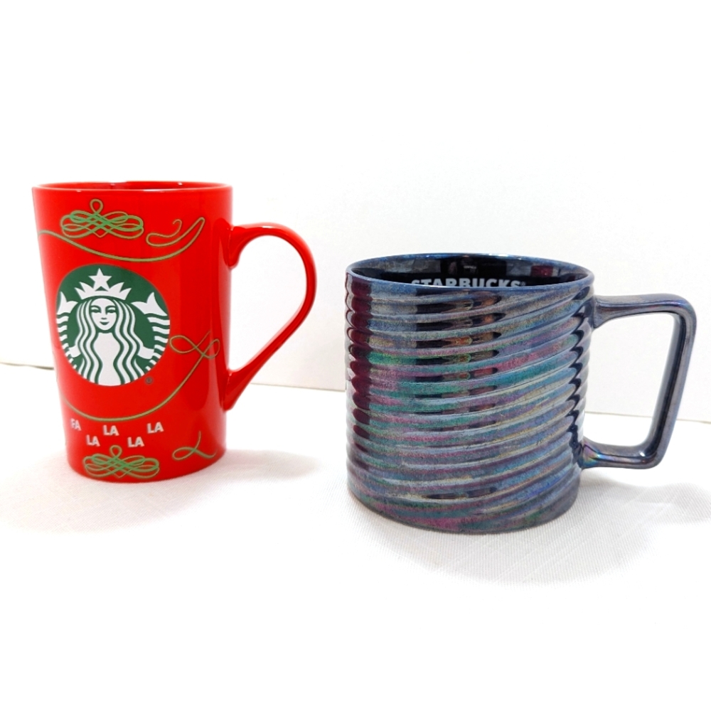 Lot of 2 Starbucks Holiday Mugs from 2020, Fa La La & Iridescent Luster Swirl